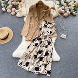 Autumn Women Floral Dress Suits Print Strap Dress+ Long Sleeves Loose Blazer Sets Office Lady Jackets Two Pieces