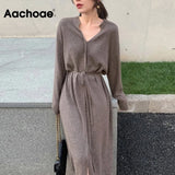 Women Elegant Solid Midi Dress With Belt 2021 V Neck Korean Chic Dresses Long Sleeve Casual Knitted Sweater Dress
