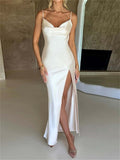 Elegant Women Satin V-neck Low Cut Long Dress Spaghetti Strap Backless Ruched Dress High Split Party Female Vestidos-Outfit