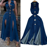 Collar Claved Open Waist Thin Sleeveless Single Buckle A Word Open Fork Denim Dress Casual