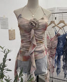 Asymmetrical Lotus Leaf Side Flower V-Neck Sling Vest Dyed Mesh Cross-Sleeveless Top