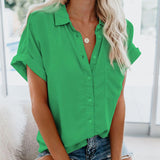 Summer Office Lady Solid Tops and Blouses Casual Turn-drow Collar Shirt for Women Elegant Short Sleeve Loose