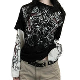 Women Gothic Fake Two-Piece T-shirts Fall Winter 2024 Vintage Top Clothes y2k Graphic Korean Style Long Sleeve Top Streetwear-Outfit