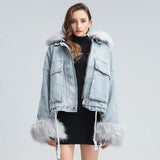 Patchwork Fur Collar Cotton Coat For Women Lapel Long Sleeve Loose Thick Denim Coats Female 2020 Winter New