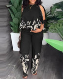 Toloer New Women's Round Neck Nail Bead, Rotator Sleeve T-Shirt And Trousers Positioning Print