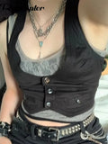 y2k Button Corset Top Black Sleeveless Tank Tops Skinny V Neck Aesthetic Punk Crop Top Grunge Fairycore Women