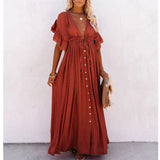 Beach Maxi Dress Women Deep V Neck Backless Ruffles Short Sleeve Dresses Casual Pleated Drawstring Party Long