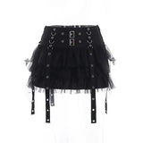 Women Punk High Waisted Goth Skirt Sexy Pleated Mini Skirt with Chain E Girl Lace-Up Tie PU Leather Corset Y2K Crop Tops-Outfit