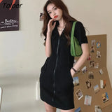 Sleeve Dress Women Zipper Pocket Hooded Stylish Solid Dresses Korean-style Street-wear Girls Loose Casual Fashion