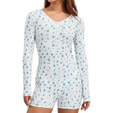 Women Floral Print Short Romper Spring Autumn Clothes V Neck Button-Down Long Sleeve Tight Jumpsuit Female Clothing-Outfit