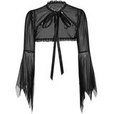 Dark Style Short-Style Perspective Blouse Women's Lace Spliced Tie-Up Burnt Cuff Blouse From Stock-Outfit