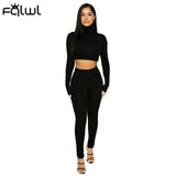 Winter Casual Two 2 Piece Set Sweatsuits Tracksuit For Women Outfits Turtleneck Crop Top Pants Suits Black Matching