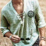 Halloween Costume Hippie Linen Shirt Casual Middle Sleeve V Neck Summer Loose Tee Tops Solid Color T Shirts 2021