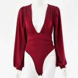 Solid Shaped Waist Sexy Bodycon Bodysuits Women Autumn Deep V-Neck Lantern Sleeve Slim Active Streetwear