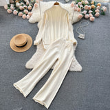 Women Casual Turtleneck Knit Two Pieces Suits Irregular Sweater+Rolled Wide Leg Midi Long Pant Solid Winter Warm