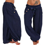 Pants Women Fashion Casual Loose Long Pants Solid Color Baggy Harem Pants Summer Button Sashes Wide Leg Trousers