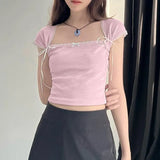 Desire Pink Flying Sleeves Design Pink T-Shirt With Slim Neck Girl Blouse 2024 Summer New Style-Outfit