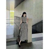 Design Lattice Sleeveless Round-Neck Dress Women 2025 Summer New Slim Retro Long