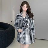 Elegant Matching Set Vintage Tweed Short Plaid Jacket Long Sleeve Coat+Slim Mini Houndstooth Pleated Skirt Two Piece