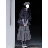 Retro Gray Flower Tart Half Skirt Girl Autumn And Winter Small Man High-Waisted A Word Umbrella Skirt Medium Long