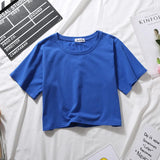 Summer Short Sleeve T Shirts Women Cotton Solid T-shirt O Neck High Waist Crop Top Tee Female Casual Loose T Shirt-Outfit