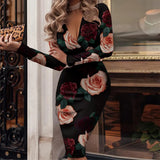 Women Long Dress Deep V Neck Long Sleeve Spring Elegant Party Print Slim Package Hip Office Vintage Bodycon Dresses