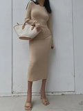 Quality Long Sleeve O-Neck Slim T Shirt Dress Spring Autumn Women Solid Casual Elegant Robe Bodycon