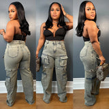 Women's Multi-Pocket Jeans Women's Fashion Personality Removable Button Straight