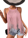 Women's Hot-Selling Solid Color Sleeveless Neck Top Ladies' Fashionable Tassel Beach Swimsuit-Outfit