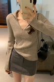 Lapel Folded Into Solid Color Long-Sleeved Knitted Sweater A New Style V-Collar Underwear In Autumn And Winter-Outfit
