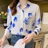 chic flower print Women's chiffon Blouses elegant ladies shirts 2021 Spring Autumn Long Sleeve Shirts Tops Blusas