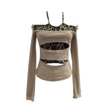 Shooting With Hanging Neck Leopard Print Splicing Two Long-Sleeved Tops A Short Shoulder Bottom T-Shirt