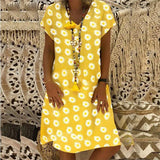 Summer Floral Summer Loose Dress Women V-neck Short Sleeve Plus Size Elegant Midi Dresses Beach Casual Boho Yellow