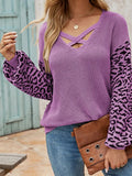 Autumn and Winter New Vneck Long Sleeves Pullover Women Blouse Splicing Knitted Leopard Print Female Thick Sweaters
