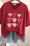 100% Cotton L-6XL T Shirt Plus Size Tshirt Short Sleeve Women Top Summer Heart Print Sweet V Neck Oversized T