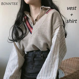 Two Pieces Sets Women Striped Shirts Single Breasted And V-Neck Sweater Vest Korean Style Chic Trendy Popular Female Ulzzang