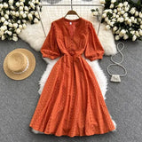 Autumn Women Green/Orange/White Hollow Out Midi Dress Elegant V-Neck Puff Short Sleeve High Waist Party Robe Female Vestido