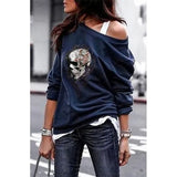 Yskkt Women's Pullover Sweatshirt Heart Printed Long Sleeve One Shoulder Tops Autumn Winter Sweat Shirts Woman Casual