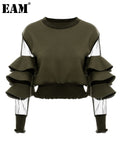 Loose Fit Green Mesh Ruffles Sweatshirt New Round Neck Long Sleeve Women Big Size Fashion Tide Spring Autumn 2023