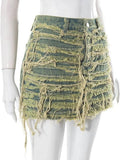 Women's Denim Skirt Do Old Solid Color Burrs Tassel Slim High Waist Short A-line Mini Skirt 2024 Summer New Fashion 29L2618-Outfit