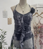 Asymmetrical Lotus Leaf Side Flower V-Neck Sling Vest Dyed Mesh Cross-Sleeveless Top