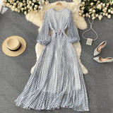 Autumn Women White/Black/Brown Polka Dot Long Dress Vintage Round Neck Puff Sleeve Elegant A-Line Maxi Vestidos Female 2021