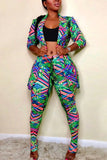 Fashion Print Turndown Collar Long Sleeve Blazer Suit Two Pice