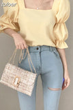 Chic Sweet Women Solid Tops 2023Summer Blouse Square Collar Shirring Bubble Sleeve Blouse Elegant Shirt Blusas