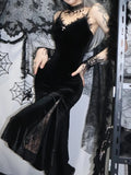Spaghetti Strap Backless Velvet Woman Long Gothic Cross Dress Black Lace Patchwork Dress Style Maxi Harajuku Emo Partywear-Outfit