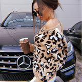 Autumn Winter Leopard Print Sweaters Hollow Sweater Pullover Women Casual Long Sleeve Open Back Tie Up Knitted Pullovers