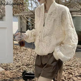 Coat Women Lace Hollow Out Long Sleeve Casual Outwear Crop Tops Zipper See Throught Y2k Jackets 2023 Ropa Mujer
