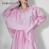 Causal Pink Fold Pleated Women's Shirt Lapel Long Sleeve Patchwork Pocket Straight Blouses Female 2022 Spring