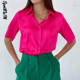 Solid Satin Shirt Female Fashion Half Sleeve Shirts Blouse Office Lady Silk Blouse Tops 2022 Spring Basic Shirt