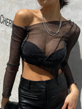 Color Sparkly Hollow Mesh Slant Shoulder Irregular Collar Sexy Women Crop Top-Outfit